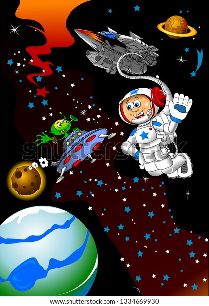 Astronaut\
floating in space in zero gravity,\
vector\
