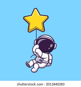 Astronaut Floating with Star Balloon Cartoon Vector Icon Illustration. Science Technology Icon Concept Isolated Premium Vector. Flat Cartoon Style