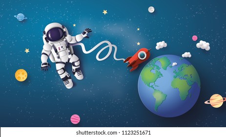 Astronauta flotando en la estratosfera . Arte de papel y estilo artesanal.