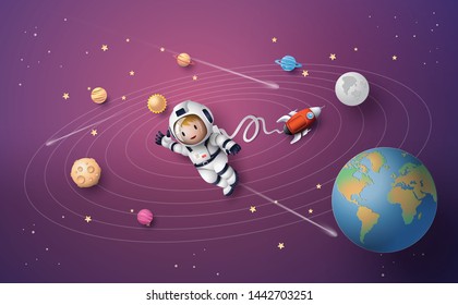 Astronaut floating in the stratosphere. Paper art and craft style.