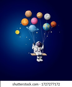 Astronaut floating in the stratosphere . Paper art and craft style.