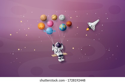 Astronaut floating in the stratosphere . Paper art and craft style.