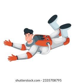 Astronaut schwimmende Vektorgrafik. Cartoon einzeln männlicher Kosmonauten mit glücklichem Gesicht und in Raumfahrt fliegen in Schwerelosigkeit, um das Ziel zu erreichen, Bewegung Null Gravitation Astronautenflug