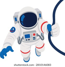 Astronaut floating weightlessly holding tether, front view, clean 2D flat vector illustration, suitable for space infographic, science presentation, website banner