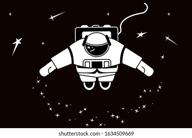 An astronaut floats freely in the open space, among the stars.  Vector isolated image on a black background.