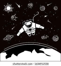 An astronaut floats freely in the open space, among the stars and planets. Black and white graphics in the sketch style. Vector isolated image.