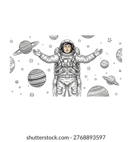 Astronaut floats in space with planets and stars, feeling weightless and free, surrounded by celestial bodies.