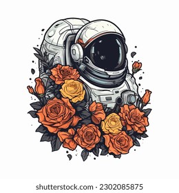 Astronaut mit handgezeichneter Blume Logo-Design-Illustration