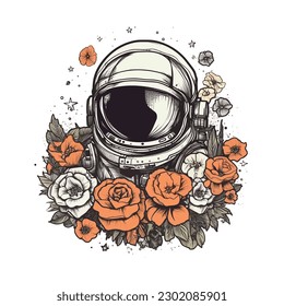 Astronaut with flower handdrawn logo design illustration