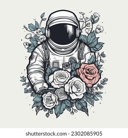 Astronaut with flower handdrawn logo design illustration