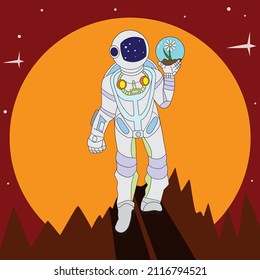 Astronaut with a flower on the red planet