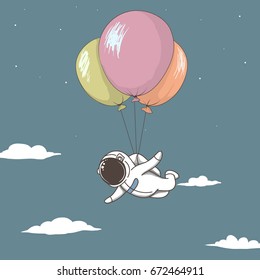 Astronaut fly with many balloons in sky to space.Cartoon style.Childish vector illustration