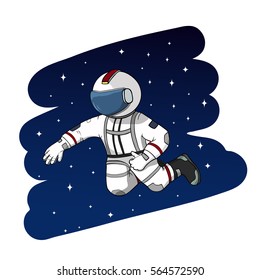 Astronaut fly on space background. Spaceman hand drawn color illustration.