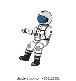 Astronaut fly in open space. Spaceman hand drawn color illustration.