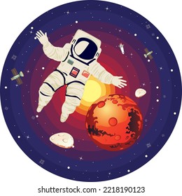 Astronaut flying among stars and planets in the outer space.