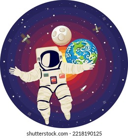 Astronaut flying among stars and planets in the outer space.