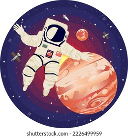 Astronaut flying among stars and planets in the outer space.
