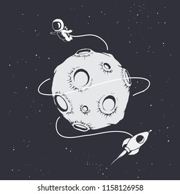 Astronaut flying around Moon.Astronomy prints design. Hand drawn style