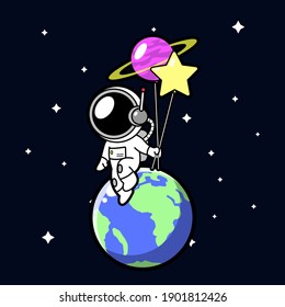 Astronaut Flying With Balloons Vector Design Concept