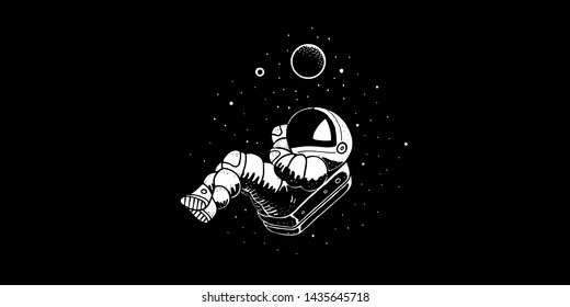 Astronaut flying in cosmos vector illustration. Funny spaceman hand drawn banner 