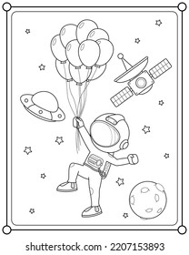 Astronaut flying with gas balloon into space suitable for children's coloring page vector illustration