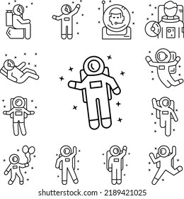 Astronaut, flying, happy icon in a collection with other items