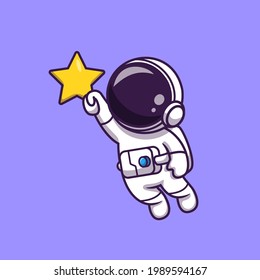 Astronaut Flying And Holding Star Cartoon Vector Icon Illustration. Space Technology Icon Concept Isolated Premium Vector. Flat Cartoon Style