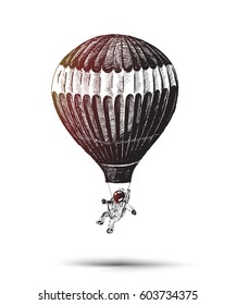 Astronaut flying in a hot balloon, Hand Drawn Sketch Vector illustration.