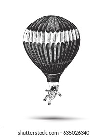 Astronaut flying in a hot balloon, Hand Drawn Sketch Vector illustration.