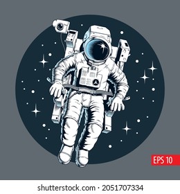 Astronaut flying with jetpack in outer space, stars on background. Comic style vector illustration.