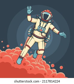 Astronaut flying with jetpack. Sci-fi retro poster with spaceman in spacesuit. Vintage cosmonaut. Vector illustration