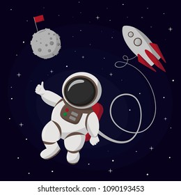 Astronaut flying near the Moon. Human spaceman. Vector illustration.