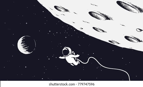 Astronaut flying near the Moon.Science theme.Hand drawn vector illustration