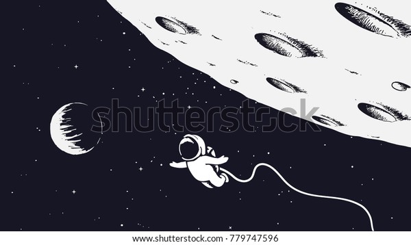 Astronaut flying near the Moon.Science\
theme.Hand drawn vector\
illustration