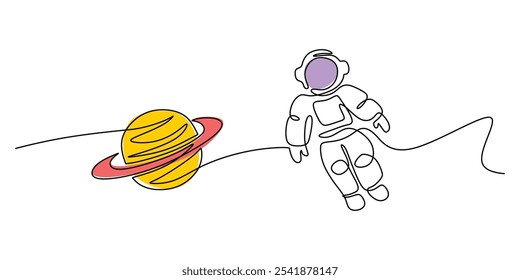 Astronauta voando perto do planeta Saturno em desenho contínuo de uma linha. Conceito minimalista de viagem espacial com planetas.