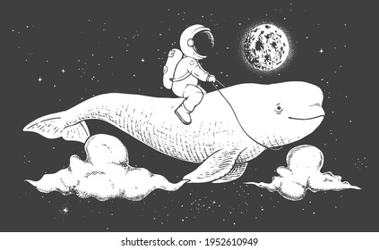 astronaut flying on beluga in space. Handcrafted style. Vector illustration