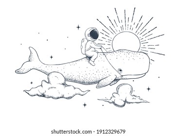 astronaut flying on a cachalot . Handcrafted style. Vector illustration
