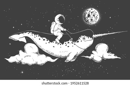 astronaut flying on narwhal in space . Handcrafted style. Vector illustration