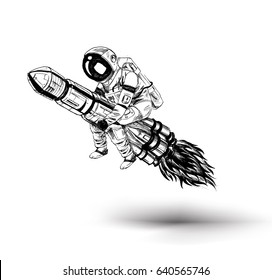 Astronauta volando sobre el cohete, ilustración del vector de esbozo dibujado a mano.