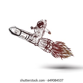 Astronaut flying on the rocket, Hand Drawn Sketch Vector illustration.