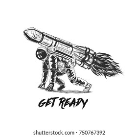 Astronaut flying on the rocket, Hand Drawn Sketch Vector illustration.