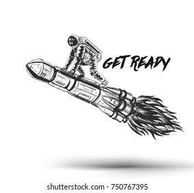 Astronaut Flying On The Rocket, Hand Drawn Sketch Vector Illustration.