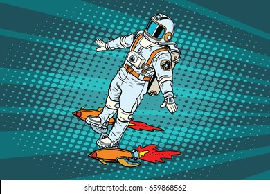 The astronaut is flying on a space rocket skateboard. Pop art retro vector illustration