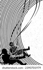 Astronaut flying on swing. Graphic black white sci-fi poster with lines