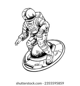 astronaut flying on a ufo line art vector