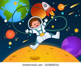 Astronauta volando en el espacio abierto contra el fondo de planetas, estrellas y asteroides. Ilustración vectorial en estilo de dibujos animados para niños