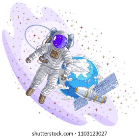 Astronaut flying in open space connected to space station and earth planet in background, spaceman in spacesuit floating in weightlessness and iss spacecraft, stars and other elements. Vector isolated