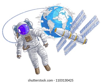 Astronaut flying in open space connected to space station and earth planet in background, spaceman in spacesuit floating in weightlessness and iss spacecraft with solar panels behind him. Vector.