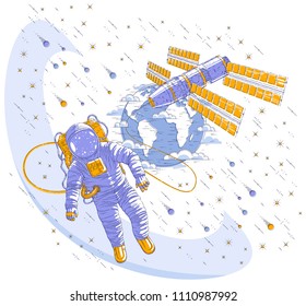 Astronaut flying in open space connected to space station and earth planet in background, spaceman in spacesuit floating in weightlessness and iss spacecraft, stars and other elements. Vector isolated