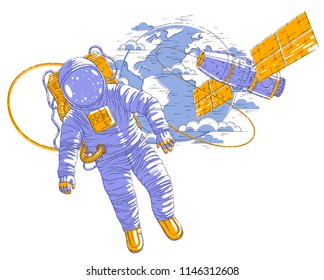 Astronaut flying in open space connected to space station and earth planet in background, spaceman in spacesuit floating in weightlessness and iss spacecraft with solar panels behind him. Vector.